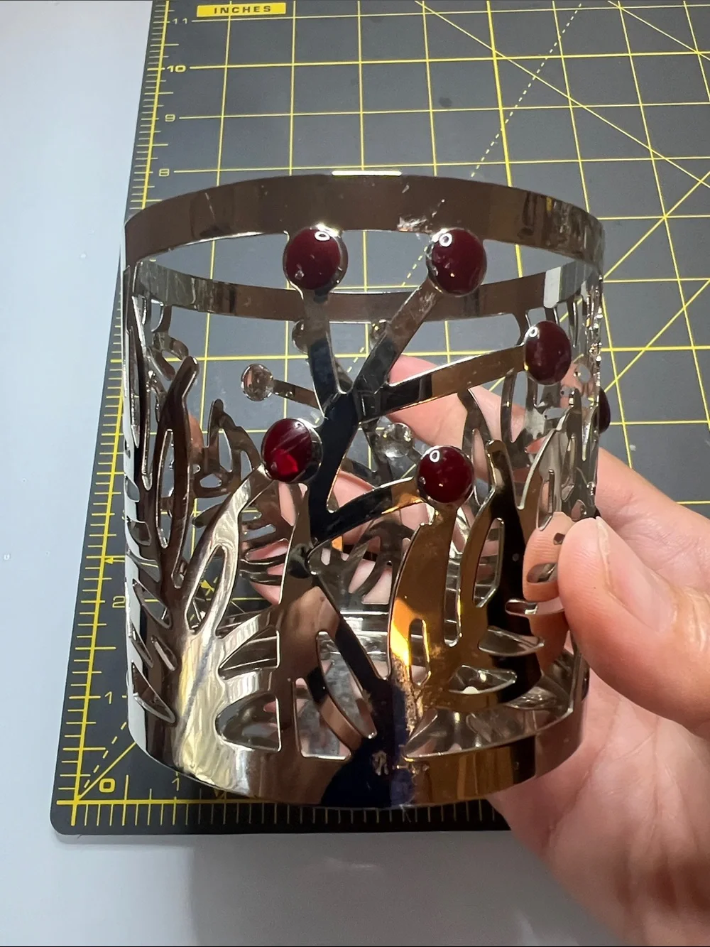 Silver Metal Leaf & Red Accent Candle Holder - Home Accents